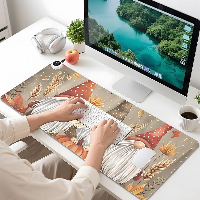 Heated Desk Pad Mouse Pad 31.5x13 Inch PU Leather Desk Mat with 3 Heat Levels Large Mouse Gaming Computer Laptop Mat Pumpkin Gnomes Maple Leaf