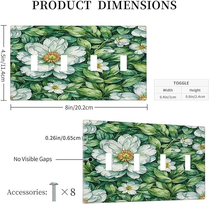 Vintage Floral White Flowers Green Plants Leaves Light Switch Covers Quad Toggle 4 Gang Wall Plate Decorative Switch Plates Electrical Faceplate for Bedroom Bathroom Decor