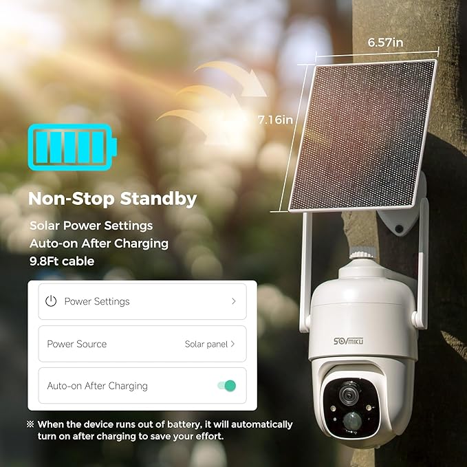 Sovmiku CQ1 AI 2K Solar Security Camera Wireless Outdoor, Battery Powered Cam, Two-Way Audio,PIR Motion Detection, Easy to Setup, Pan/Tilt 360° View,Color Night Vision,Audible Flashlight Siren,SD Slot