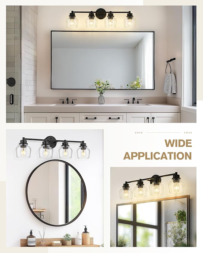 Emak 4-Light Bathroom Vanity Light, 29 Inch Black Bathroom Light Fixtures Over Mirror with Clear Glass Shade, Modern Farmhouse Vanity Lights for Mirror, Bath, VL122-BK-CG-4