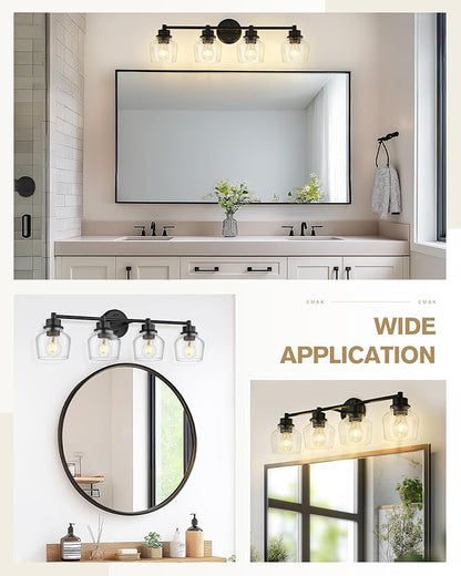Emak 4-Light Bathroom Vanity Light, 29 Inch Black Bathroom Light Fixtures Over Mirror with Clear Glass Shade, Modern Farmhouse Vanity Lights for Mirror, Bath, VL122-BK-CG-4