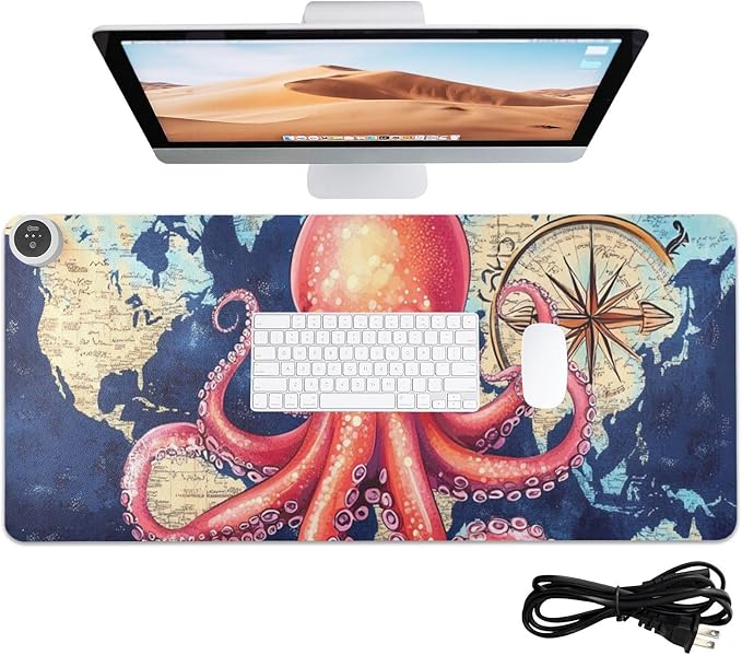Heated Desk Pad Mouse Pad 31.5x13 Inch PU Leather Desk Mat with 3 Heat Levels Large Mouse Gaming Computer Laptop Mat Blue World Map and Octopus
