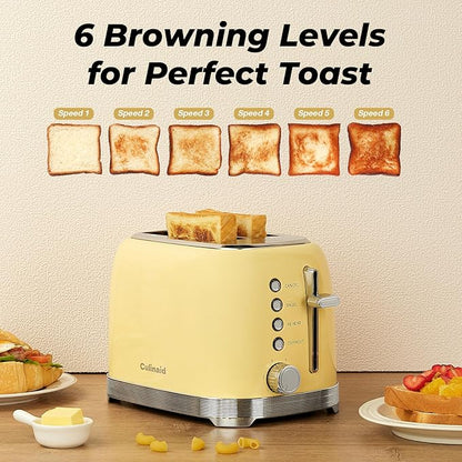 Toaster 2 Slice Retro Stainless Steel with 1.5” Extra Wide Slots Bagel, Defrost, Reheat, Cancel Functions, 6 Bread Shade Settings, Removable Crumb Tray, Yellow