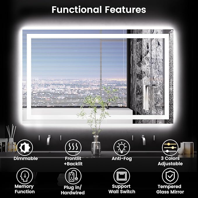 48X30 LED Bathroom Mirror with Lights, Anti-Fog, Backlit + Front Lit, Lighted Bathroom Vanity Mirror for Wall, Memory Function, Dimmable, Tempered Glass, Shatter-Proof