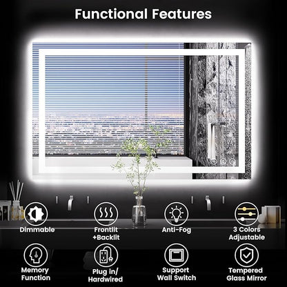 48X30 LED Bathroom Mirror with Lights, Anti-Fog, Backlit + Front Lit, Lighted Bathroom Vanity Mirror for Wall, Memory Function, Dimmable, Tempered Glass, Shatter-Proof