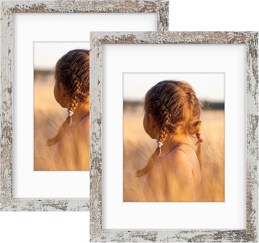Golden State Art, 11x14 Picture Frame with Mat for 8x10 - High Definition Glass Wall Mounting Horizontal Vertical Display (Weathered White, 2 Pack)
