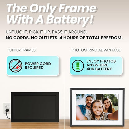 PhotoSpring w/Battery, 10in WiFi Digital Frame, No Subscription, Email App Web, USA Company, 32gb, Touch Screen, Play Videos up to 5 mins