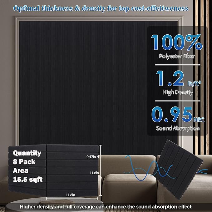 16 Pack Large Fold Soundproof Wall Panels, 12 x 12 x 0.47 in Sound Proof Foam Panels for Walls, 1.2lb/ft³ High Density, Thicker 0.47in, Acoustic Panels, Sound Dampening Panels Black