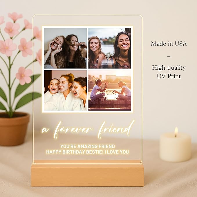 Personalized Photo Plaque Print with Wooden, Acrylic, Led Light Stand - Gift for Bestfriend for Her Gift for Him Photo Collage Bestie Gifts Custom Couples Gift Gifts for Wife, Christmas Gifts for Her, Thanksgiving Gifts
