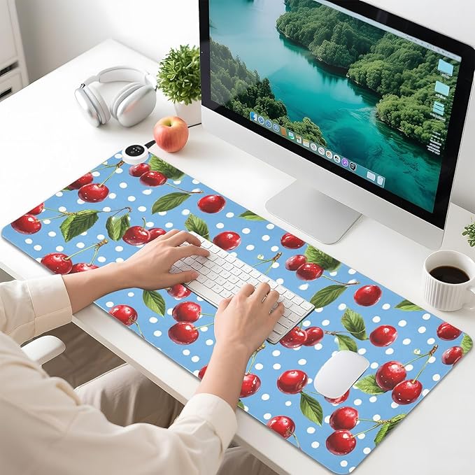 Heated Desk Pad Mouse Pad 31.5x13 Inch PU Leather Desk Mat with 3 Heat Levels Large Mouse Gaming Computer Laptop Mat Blue Dots Red Cherry