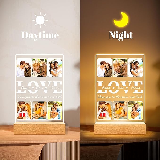 Personalized Picture Frame with Photo, Custom Photo Frame with Night Light, Custom Picture Frames, Customized Anniversary Valentines Day Gifts for Her Him Women Men Girlfriend Boyfriend Couples