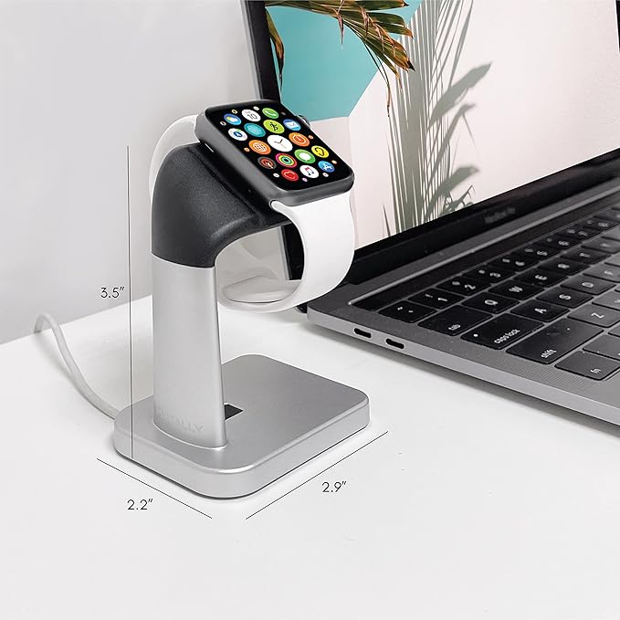 Macally Apple Watch Stand for Series Ultra 10 9 8 7 6 5 4 3 2 1 SE (49mm 45mm 44mm 42mm 41mm 40mm 38mm) - Apple Watch Charger Stand Dock Holder - Sleek Desk iWatch Charging Station - Silver