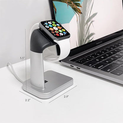 Macally Apple Watch Stand for Series Ultra 10 9 8 7 6 5 4 3 2 1 SE (49mm 45mm 44mm 42mm 41mm 40mm 38mm) - Apple Watch Charger Stand Dock Holder - Sleek Desk iWatch Charging Station - Silver