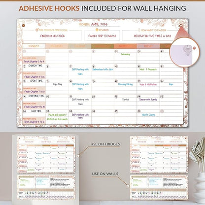 Magnetic Whiteboard for Fridge - Large Dry Erase Calendar for Wall | 3 Magnetic Dry Erase Board 10.5" x 16.5" & 7" x 16.5", Monthly Goal Setting & Habit Tracker, 5 Markers and 6 Adhesive Hooks