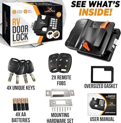 RV Keyless Entry Lock - 10 Digits V2.0 | Secure RV Door Lock Keyless Entry w/ 2 Inside Latches | Travel Trailer Door Lock Replacement w/ 2 Fobs, 4 Unique Keys | Only Fit 3.75" x 2.75" Lock Hole
