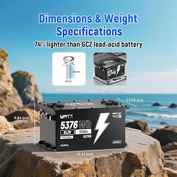 WattCycle 48V 105Ah Golf Cart Batteries 3 Pack, 48V Lithium Battery 250A BMS with 15A Charger, LiFePO4 Battery 15000+ Deep Cycles, IP65 Waterproof Marine Batteries, Built-in Bluetooth, Perfect for RV