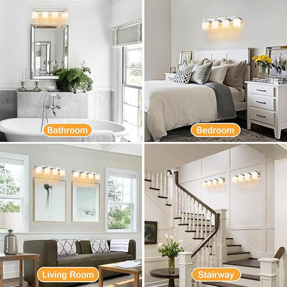 4 Light Modern Bathroom Light Fixtures Over Mirror, Chrome Vanity Lights for Bathroom Wall Sconces with Milky White Glass Shades, E26 Socket (Bulbs Not Included)