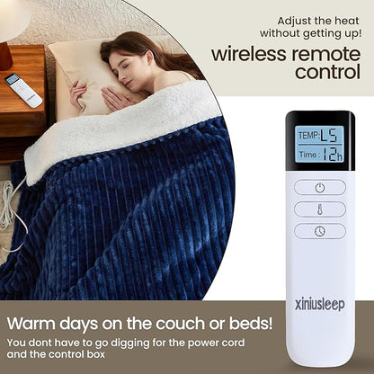 Heated Blanket Electric Blanket 62"x84", Soft Flannel Sherpa Electric Throw with 5 Heating Level & 12 Times Setting, Heated Throw with Overheating Protection, Machine Washable (Navy Blue)
