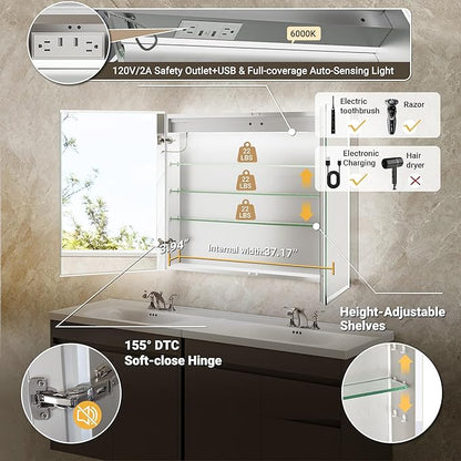 40x30 LED Medicine Cabinet Mirror with Double Lights-Front & Backlit, 155°Soft-close Hinge, Surface or Recessed Dimmable Lighted Medicine Cabinet Mirror with Clock Outlet Inner Light,Anti-fog
