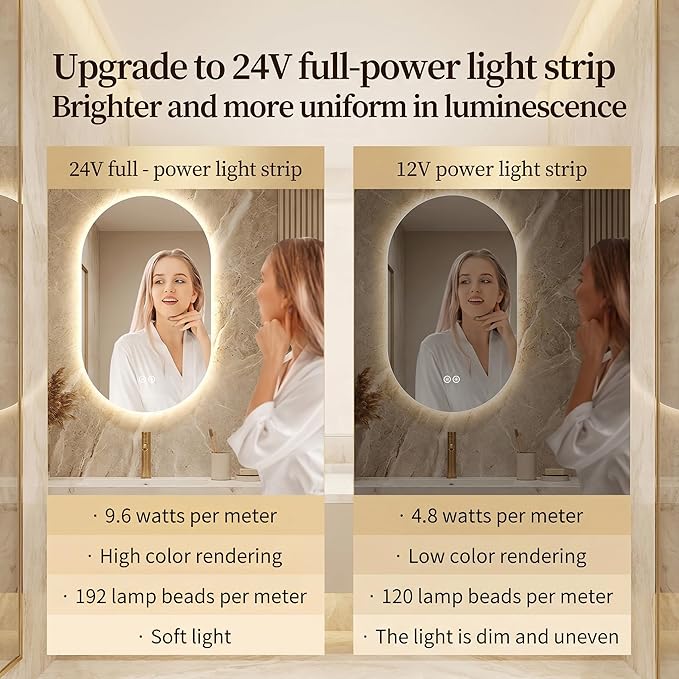 LAIYA 24V Full-Power Oval LED Bathroom Vanity Mirror, 48X24inch Frameless Backlit Mirror with Light, Smart Anti-Fog Waterproof Mirror with Memory Function Dimmable Lighted Mirror
