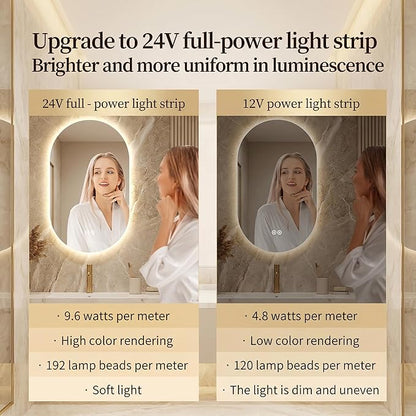 LAIYA 24V Full-Power Oval LED Bathroom Vanity Mirror, 40X24inch Frameless Backlit Mirror with Light, Smart Anti-Fog Waterproof Mirror with Memory Function Dimmable Lighted Mirror