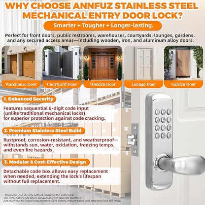 Stainless Steel Mechanical Keypad Entry Door Handle Lock,Commercial Keyless Push Button Code Door Lever,Single-Sided Combination &Interior Non-Locking,Exterior Auto-Lock,for Outdoor,Silver