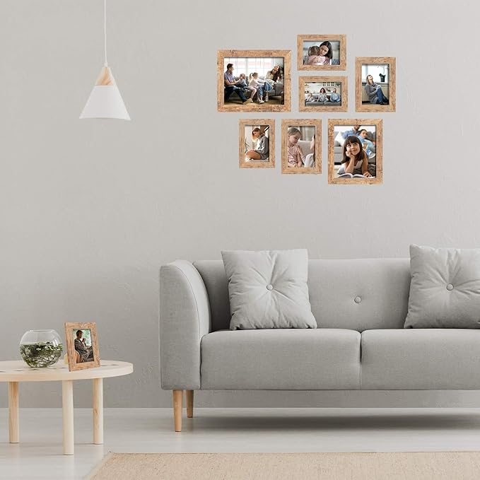 iRahmen 5x7 Picture Frame Set of 4, High Definition Real Glass Rustic Brown Frame, 5 x 7 Wood Photo Frames for Tabletop Display and Wall Mounting