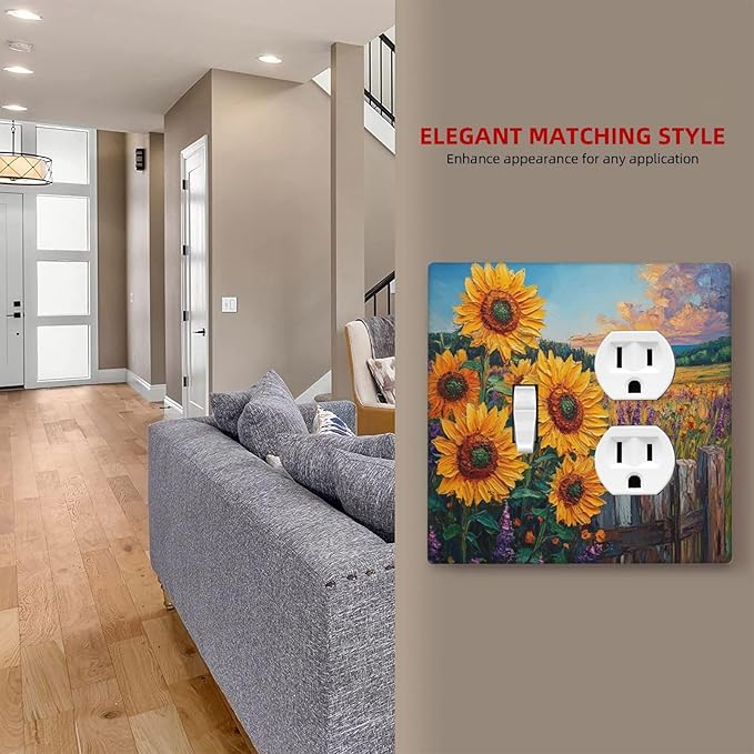 Decorative Outlet Covers Rustic Wilderness Sunflower Lavender Muzha Oil Painting 2 Gang Wall Plate Cover Single Toggle Duplex Combo Light Switch Cover Plate Faceplate