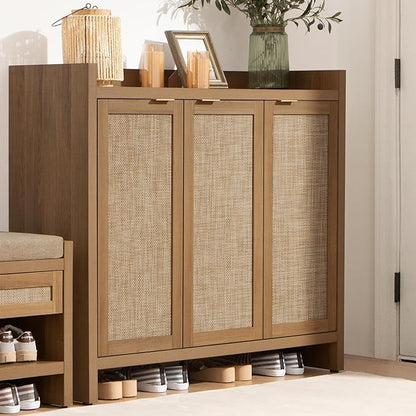SICOTAS Shoe Storage Cabinet, 30 Pairs Rattan Shoe Cabinet Storage for Entryway, 6-Tier 41" Tall Large Shoe Cabinet, Boho Farmhouse Cabinet with Doors for Entryway Hallway Living Room Closet