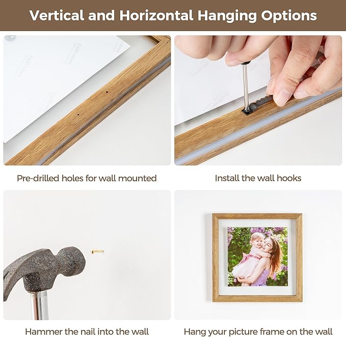 Axeman 8x8 Floating Picture Frame - Solid Oak Wood Square Picture Frame, Double Tempered Glass Photo Frame 3x3 4x4 5x5 6x6 8''x8'' Wood Frame, Wall Mount Or Tabletop Standing, Natural