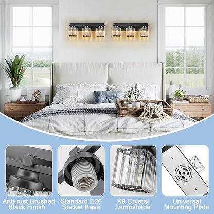 Crystal Bathroom Light Fixtures, 3 Light Black Vanity Lighting Over Mirror with Crystal Shades, Modern Bathroom Vanity Light for Restroom, Bath, Cabinet and Powder Room