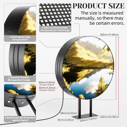 P2.5 Round Double-Sided LED Store Sign Programmable, Waterproof Full Color Custom Digital Display Screen, Video, Image, Text Signage Panel Board for Outdoor Business Advertising 20" Black