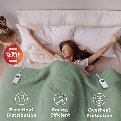 Sunbeam Royal Ultra Fleece Heated Electric Blanket Queen Size, 90" x 84", 12 Heat Settings, 12-Hour Selectable Auto Shut-Off, Fast Heating, Machine Washable, Warm and Cozy, Matcha