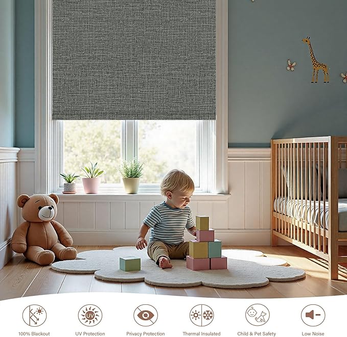 Motorized Roller Blinds with Remote, 100% Blackout Automatic Roller Shades for Bedroom, Bathroom, and Living Room, Customized Size, Ink Black