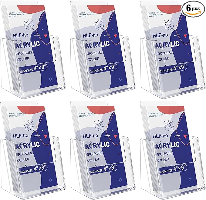 Brochure Holder 4x9 Inch Acrylic Literature Holders Clear Plastic Flyer Display Stand Countertop Use Pamphlet Holder Multi Purpose Organizer for Office, Lobby, Hotels, Trade Shows, 6 Pack