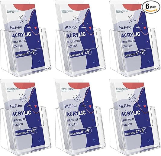 Brochure Holder 4x9 Inch Acrylic Literature Holders Clear Plastic Flyer Display Stand Countertop Use Pamphlet Holder Multi Purpose Organizer for Office, Lobby, Hotels, Trade Shows, 6 Pack