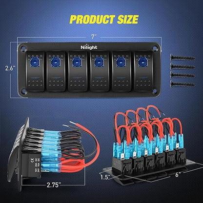 Nilight-90111F 6 Gang Aluminum Rocker Switch Panel Toggle Dash 5 Pin ON/Off Pre-Wired Rocker Switch Blue Backlit Switch for Automotive Car Marine Boat RV,2 Years Warranty