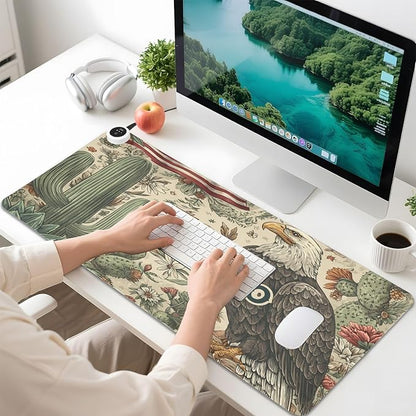 Heated Desk Pad Mouse Pad 31.5x13 Inch PU Leather Desk Mat with 3 Heat Levels Large Mouse Gaming Computer Laptop Mat Retro Mexico American Eagle Cactus Beige