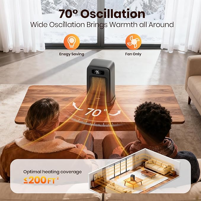 Space Heaters for Indoor Use, 1500W Small Desk Heater with Remote, Thermostat, 4 Modes, 12H Timer, LED Display, Safety Protection, 70° Oscillating Heater for Office Bedroom Home (Black, 1Pack)