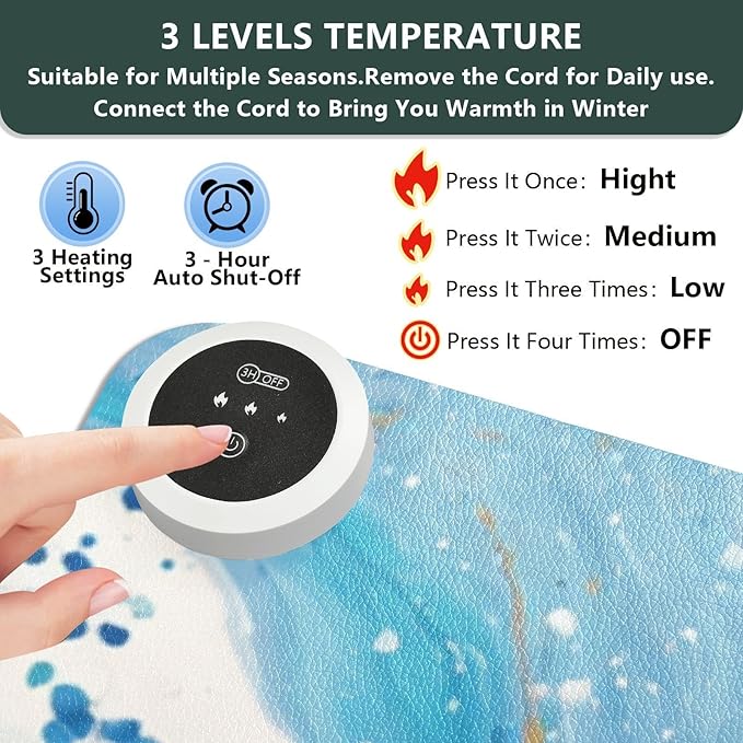 Heated Desk Pad Mouse Pad 31.5x13 Inch PU Leather Desk Mat with 3 Heat Levels Large Mouse Gaming Computer Laptop Mat Blue and White Marble Spots