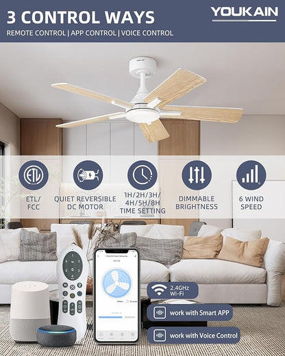 YOUKAIN Smart Ceiling Fan - 42 Inch White Ceiling Fan No Light, Voice & Remote Control, Reversible Blades, Living Room, Bedroom, 42-YJ812-WH-NL