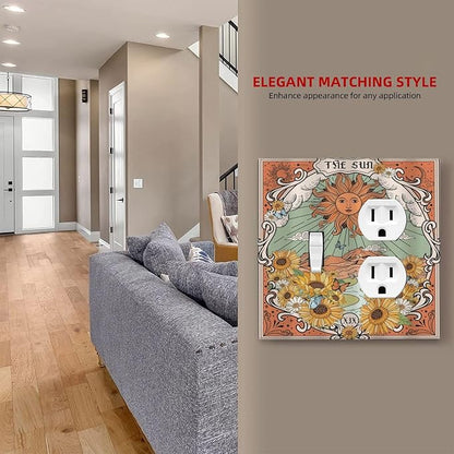 Boho Retro Sun Sunflower Vintage Flower Butterfly Wallplates 1 Toggle 1 Duplex Switch Plate Electrical GFCI Faceplate Decorative Light Switch Covers for Farmhouse Home Decor