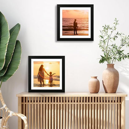 iRahmen 12x12 Picture Frame Set of 4 with Tempered Glass, Black Frame Display 10x10 Picture with Mat or 12 x 12 Without Mat, Wood Square Photo Frames for Desktop Display and Wall Mounting