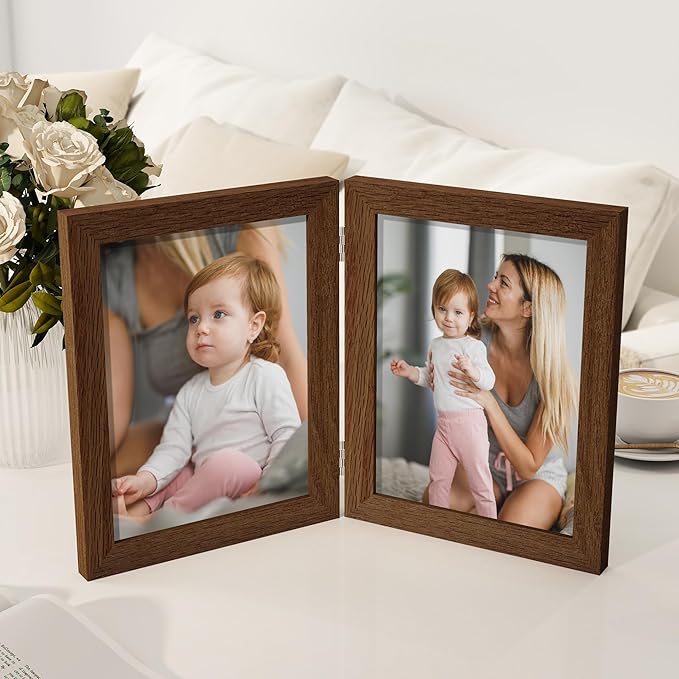 Axeman 6x8 Double Picture Frame - Solid Oak Wood Vertical Hinged 6x8 Photo Frame 2 Opening Folding Family Frames Collage With Real Glass for Tabletop Displa, Hanging Hardware Included | Walnut