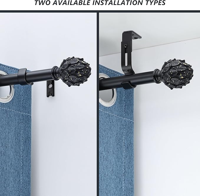 Curtain Rods for Windows 66 to 120 Inches 1 Inch Diameter Adjustable Drapery Rod Decorative Single Window Curtain Rods with Classic Finials,Black