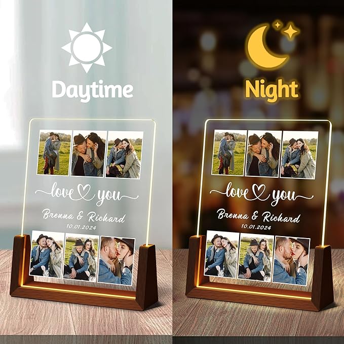 Personalized Birthday Christmas Gifts For Boyfriend Girlfriend Him Her Husband Wife, Custom Light Up Photo Frame Acrylic Plaque With Picture Name, Unique Anniversary Couple Gifts For Women Men