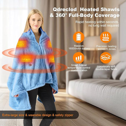 Cordless Heated Blanket Battery Operated with Fleece Lining 7.4V 16000mAh Battery Portable Wearable Heated Shawl for Women Men 6 Heating Zones 3 Fast-Heating Levels (Battery Included)