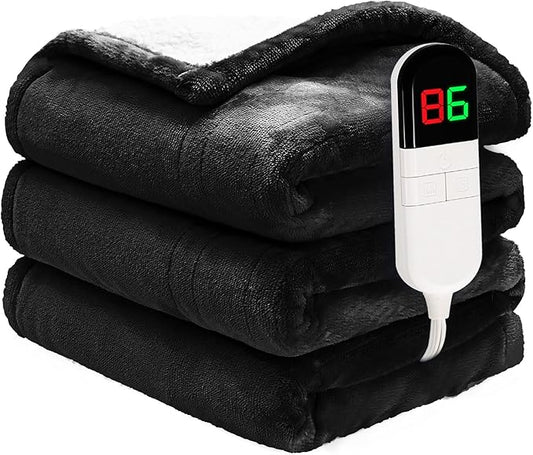 Heated Blanket Twin 62"×84" - Premium Cosy Soft Electric Blanket with 6 Heating Levels,Fast Heating Flannel Sherpa Machine Washable Blanket for Bed & Couch - Auto Shut Off (Black)