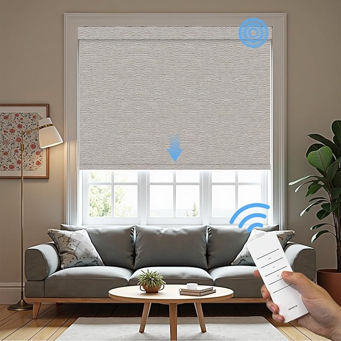 Motorized Roller Blinds with Remote, 100% Blackout Automatic Roller Shades for Bedroom, Bathroom, and Living Room, Customized Size, Pebble Grey Beige
