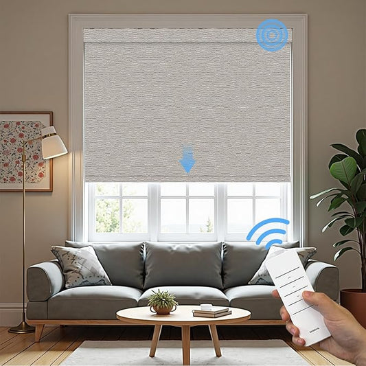 Motorized Roller Blinds with Remote, 100% Blackout Automatic Roller Shades for Bedroom, Bathroom, and Living Room, Customized Size, Pebble Grey Beige